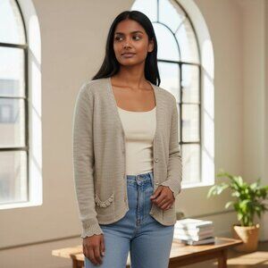 Mimi CoCo Knit Cardigan V-Neck TanButton Front Sweater with Pockets Women’s Sz S